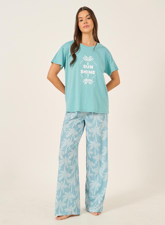 Styli Palm Graphic Print Dropped Shoulder T-Shirt and Straight Pyjama Set  - Image 1