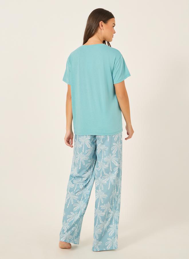 Styli Palm Graphic Print Dropped Shoulder T-Shirt and Straight Pyjama Set  - Image 5