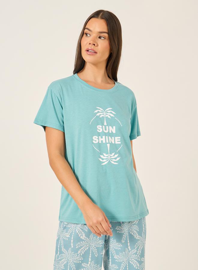 Styli Palm Graphic Print Dropped Shoulder T-Shirt and Straight Pyjama Set  - Image 3