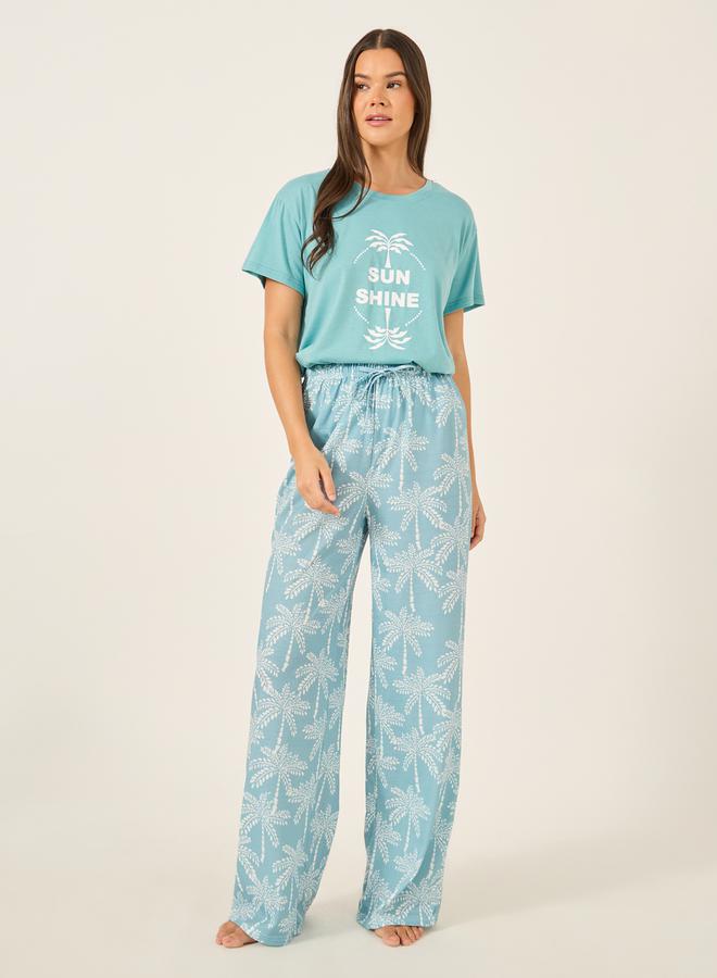 Styli Palm Graphic Print Dropped Shoulder T-Shirt and Straight Pyjama Set  - Image 2