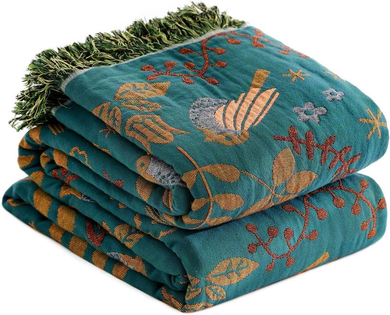 LUTBM Boho Throw Blanket for Bed - 100% Cotton Ultra Soft Rustic Quilt - Summer Blanket Bird Floral Printed Farmhouse Decor Large Bed Blankets,60"×80" All Season Rustic Throw for Sofa Couch Chair - Image 1