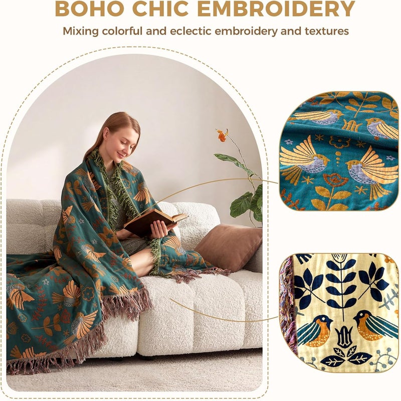 LUTBM Boho Throw Blanket for Bed - 100% Cotton Ultra Soft Rustic Quilt - Summer Blanket Bird Floral Printed Farmhouse Decor Large Bed Blankets,60"×80" All Season Rustic Throw for Sofa Couch Chair - Image 3