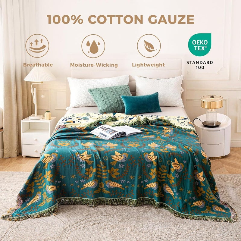 LUTBM Boho Throw Blanket for Bed - 100% Cotton Ultra Soft Rustic Quilt - Summer Blanket Bird Floral Printed Farmhouse Decor Large Bed Blankets,60"×80" All Season Rustic Throw for Sofa Couch Chair - Image 2