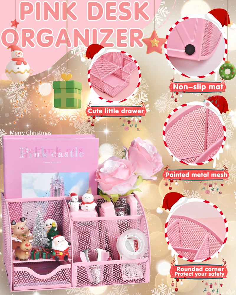 LXEVIHK Pink Desk Accessories, 24Pcs Pink Office Supplies and Desk Organizers, with Tape Dispenser, Stapler, Staple Remover, Ect, Gift Box Packaging - Image 2