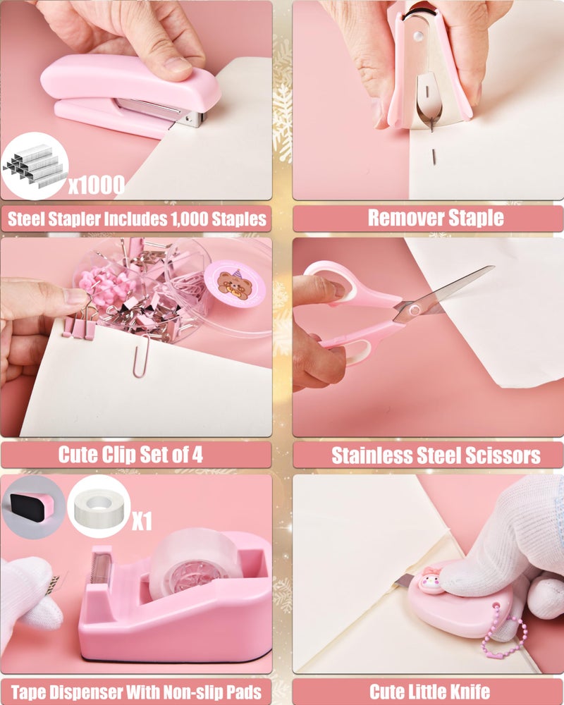 LXEVIHK Pink Desk Accessories, 24Pcs Pink Office Supplies and Desk Organizers, with Tape Dispenser, Stapler, Staple Remover, Ect, Gift Box Packaging - Image 5