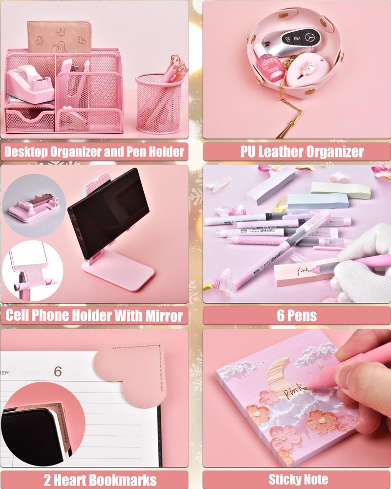 LXEVIHK Pink Desk Accessories, 24Pcs Pink Office Supplies and Desk Organizers, with Tape Dispenser, Stapler, Staple Remover, Ect, Gift Box Packaging - Image 4