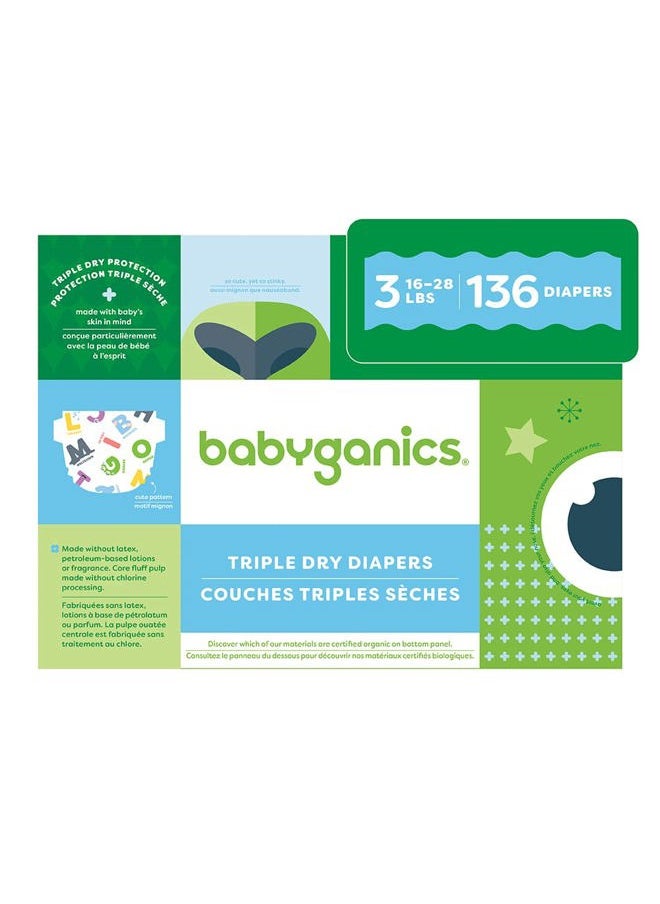 Babyganics - Size 3, 136 count, Absorbent, Breathable, Triple Dry Protection Diapers - Image 1
