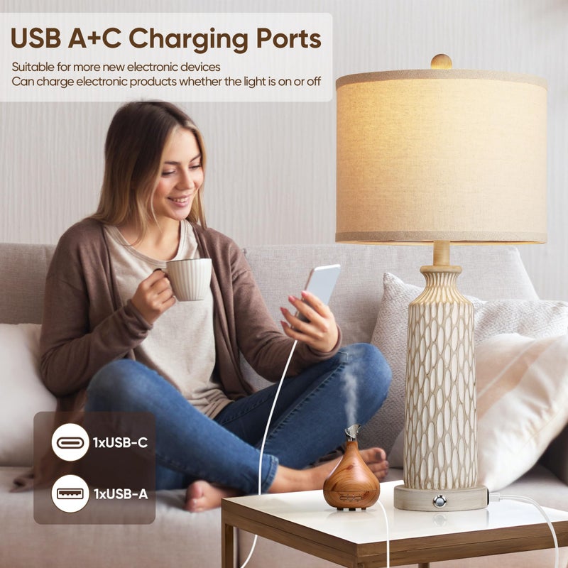 QiMH Table Lamp for Living Room with USB A+C Ports, Farmhouse Bedside Lamps for Bedroom Set of 2, Touch Control 3-Way Dimmable, 26" Modern Off-White Resin Nightstand Lamp, Included 2700K LED Bulbs - Image 3