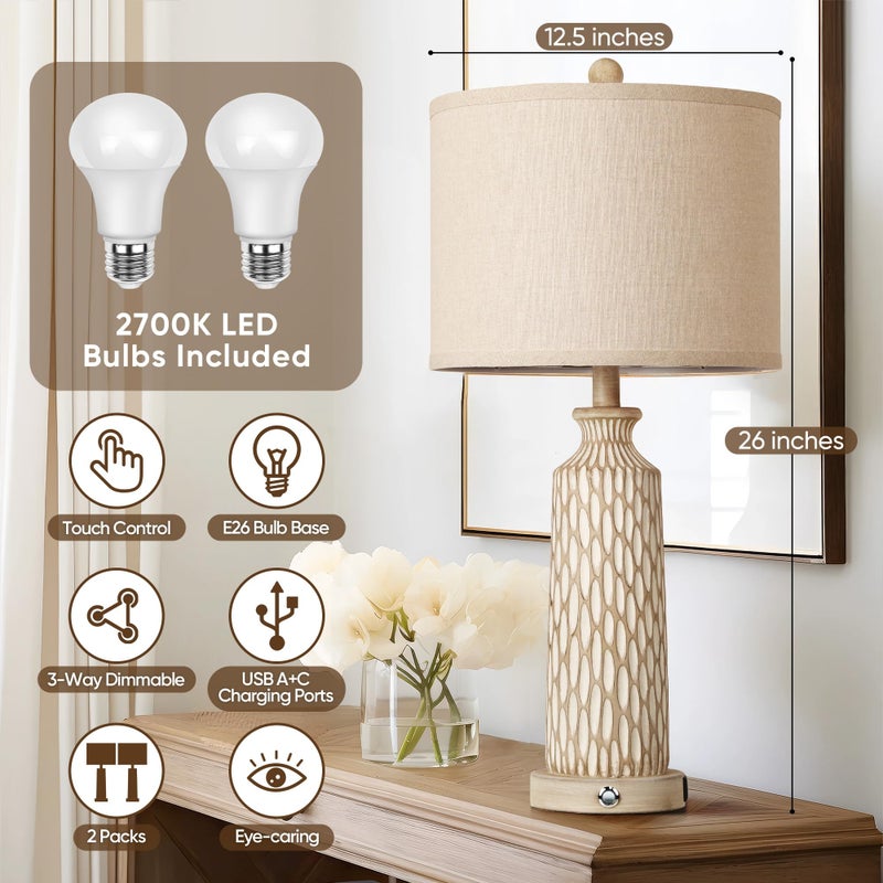 QiMH Table Lamp for Living Room with USB A+C Ports, Farmhouse Bedside Lamps for Bedroom Set of 2, Touch Control 3-Way Dimmable, 26" Modern Off-White Resin Nightstand Lamp, Included 2700K LED Bulbs - Image 4