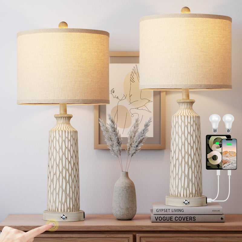 QiMH Table Lamp for Living Room with USB A+C Ports, Farmhouse Bedside Lamps for Bedroom Set of 2, Touch Control 3-Way Dimmable, 26" Modern Off-White Resin Nightstand Lamp, Included 2700K LED Bulbs - Image 1