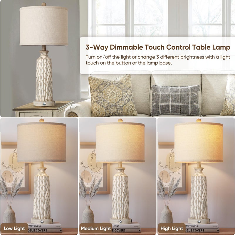 QiMH Table Lamp for Living Room with USB A+C Ports, Farmhouse Bedside Lamps for Bedroom Set of 2, Touch Control 3-Way Dimmable, 26" Modern Off-White Resin Nightstand Lamp, Included 2700K LED Bulbs - Image 2