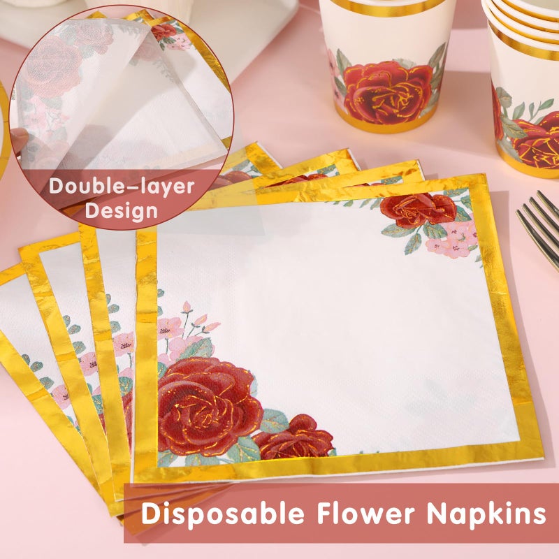 Gudvilla 168PCS Floral Paper Plates & Napkins Set - Burgundy Rose Pattern - Disposable Dinnerware for 24 Guests - Perfect for Birthdays  Weddings  & Parties - Image 5