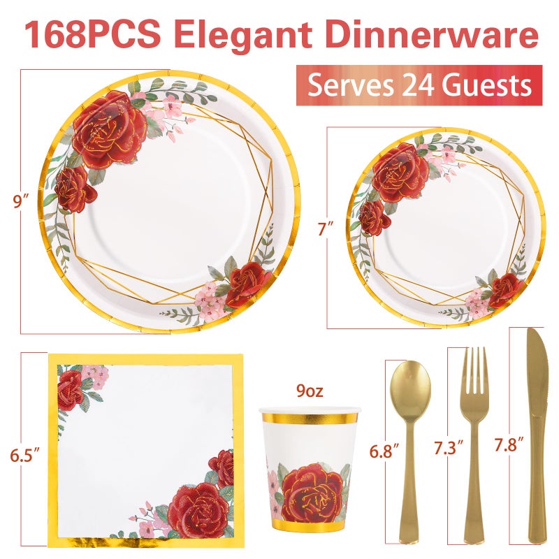 Gudvilla 168PCS Floral Paper Plates & Napkins Set - Burgundy Rose Pattern - Disposable Dinnerware for 24 Guests - Perfect for Birthdays  Weddings  & Parties - Image 3