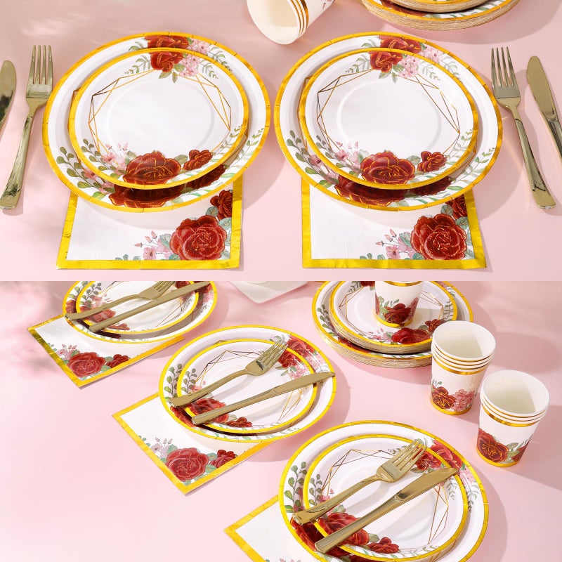 Gudvilla 168PCS Floral Paper Plates & Napkins Set - Burgundy Rose Pattern - Disposable Dinnerware for 24 Guests - Perfect for Birthdays  Weddings  & Parties - Image 2