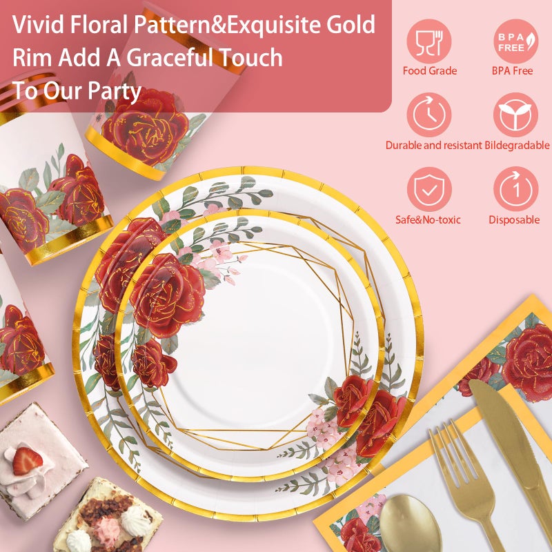 Gudvilla 168PCS Floral Paper Plates & Napkins Set - Burgundy Rose Pattern - Disposable Dinnerware for 24 Guests - Perfect for Birthdays  Weddings  & Parties - Image 4
