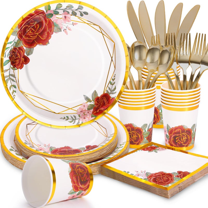 Gudvilla 168PCS Floral Paper Plates & Napkins Set - Burgundy Rose Pattern - Disposable Dinnerware for 24 Guests - Perfect for Birthdays  Weddings  & Parties - Image 1