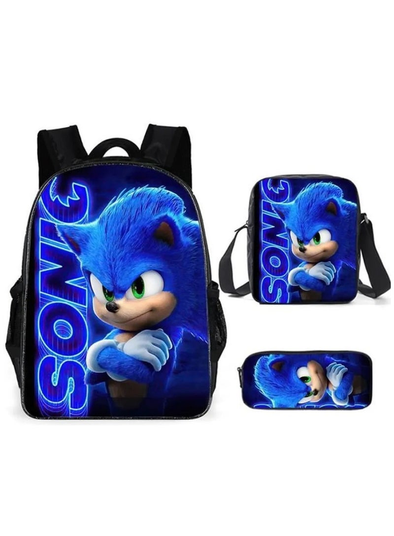 Sonic student large capacity backpack three piece set, anime cartoon backpack, shoulder bag pen bag