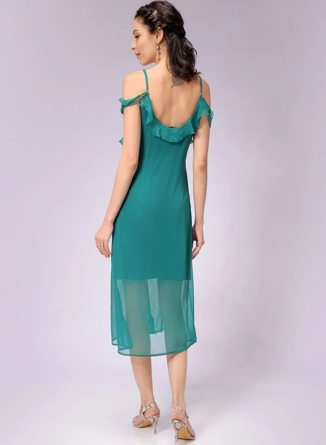 Freehand  Women Fit and Flared Solid V-Neck Sleeveless Ruffle Dress for Women | Best Price UAE