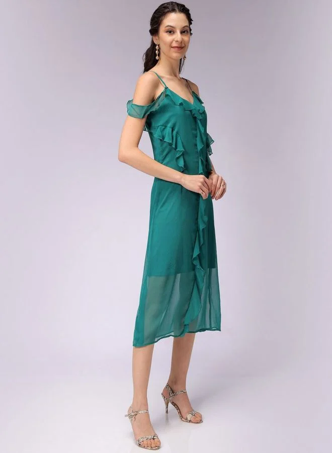 Freehand  Women Fit and Flared Solid V-Neck Sleeveless Ruffle Dress for Women | Best Price UAE