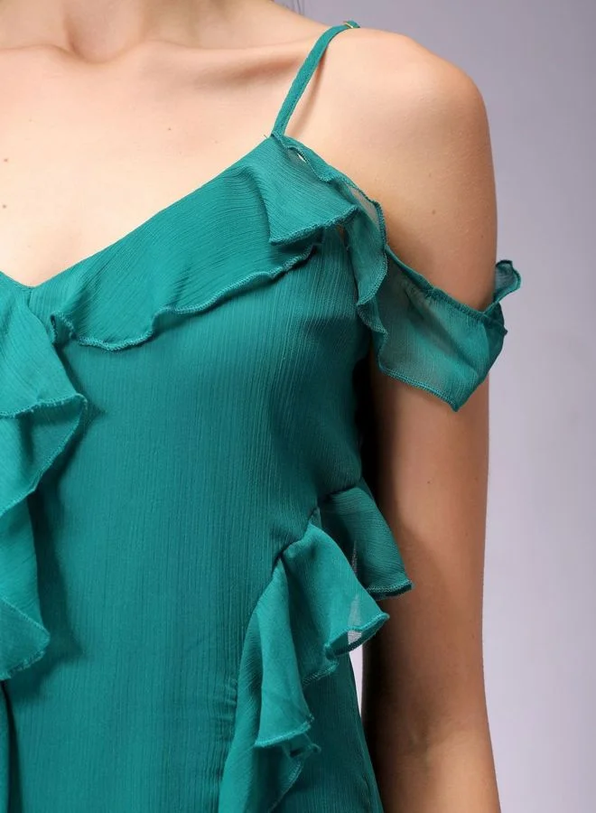 Freehand  Women Fit and Flared Solid V-Neck Sleeveless Ruffle Dress for Women | Best Price UAE