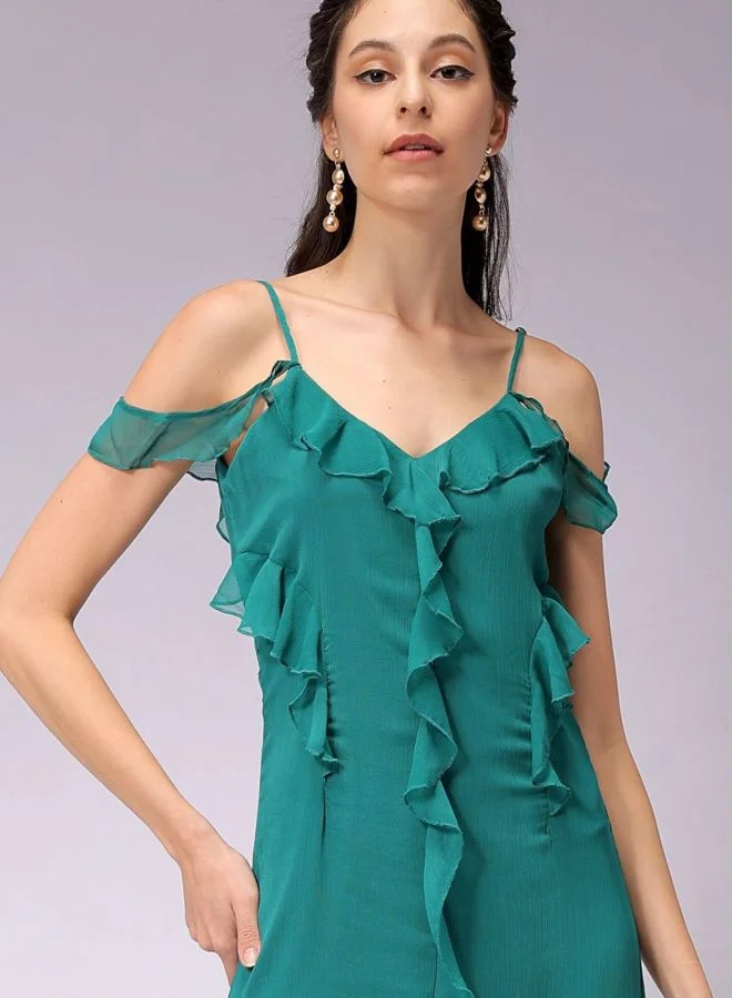 Women Fit and Flared Solid V-Neck Sleeveless Ruffle Dress