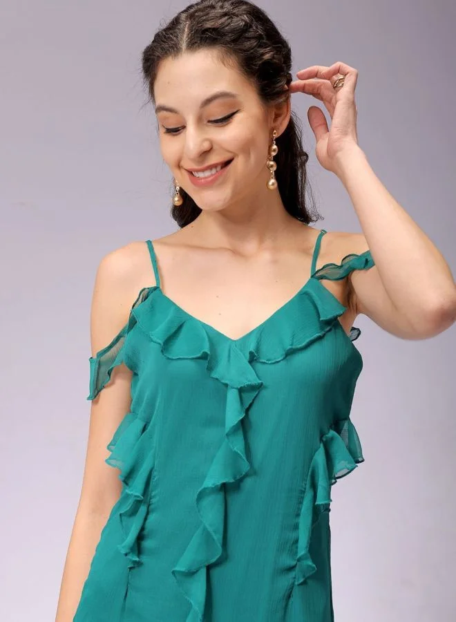 Freehand  Women Fit and Flared Solid V-Neck Sleeveless Ruffle Dress for Women | Best Price UAE