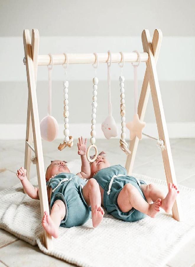 funny supply Wooden Baby Gym with 6 Gym Toys Foldable Baby Play Gym Frame Activity Center Hanging Bar Newborn Gift - Image 1