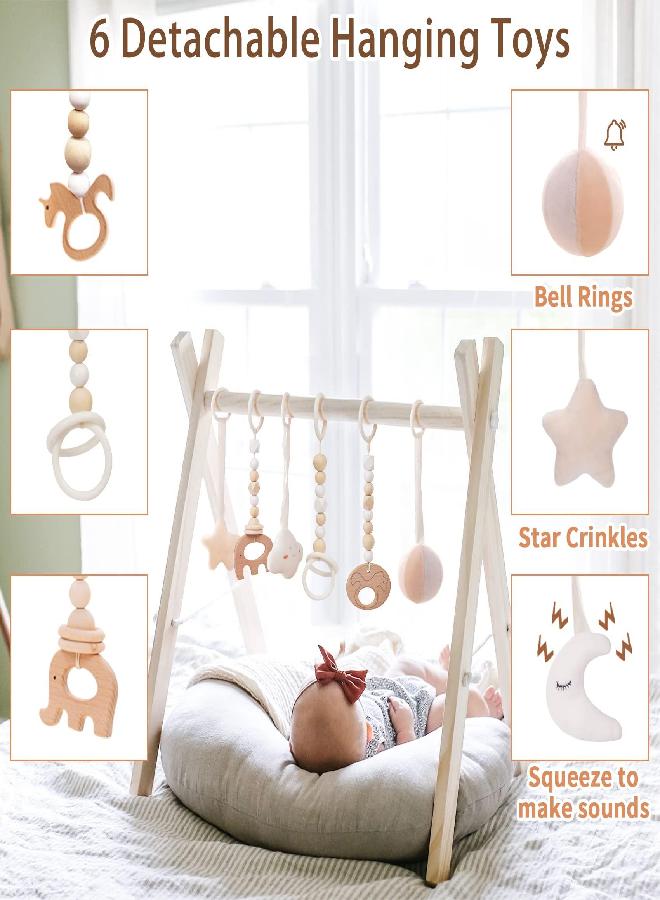 funny supply Wooden Baby Gym with 6 Gym Toys Foldable Baby Play Gym Frame Activity Center Hanging Bar Newborn Gift - Image 2