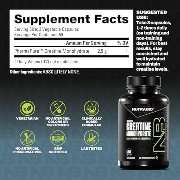 NutraBio Pure Micronized Creatine Monohydrate Capsules, Creatine Pills, Supports Bulk Muscle Energy, Recovery, and Strength - Keto Friendly, Kosher, Creatine Nutritional Supplement for Men and Women - Image 2