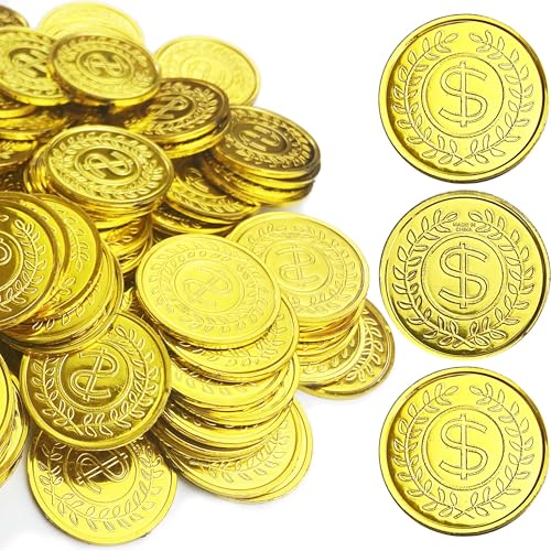 KOMIDK عملات ذهبية بلاستيكية مزيفة KOMIDK 100 قطعة للعبة البحث عن الكنز وهدايا الحفلات - Image 1