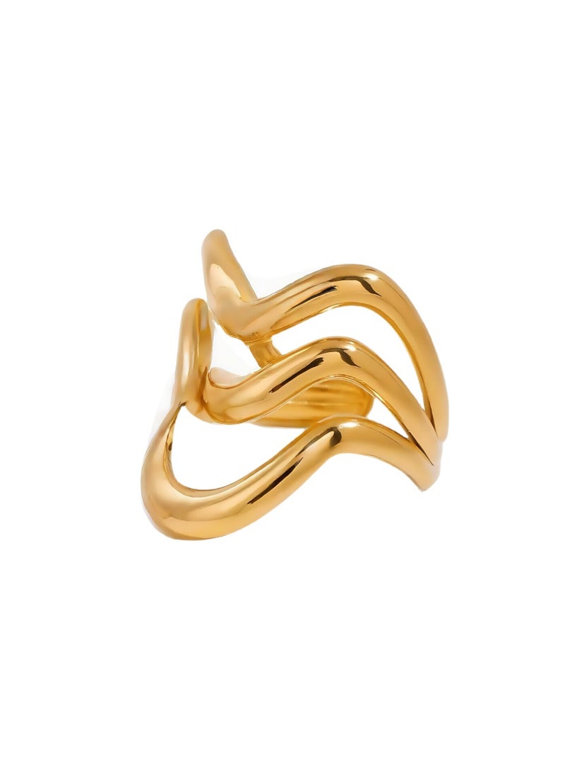 خاتم ذهبي ثلاثي الطبقات بتشكيل مفرغ فاخر ✨ حجم متكيف ذكياً - هيكل شمسي أنيق ضد الحساسية لإطلالة أميرية مبسطة - Image 1