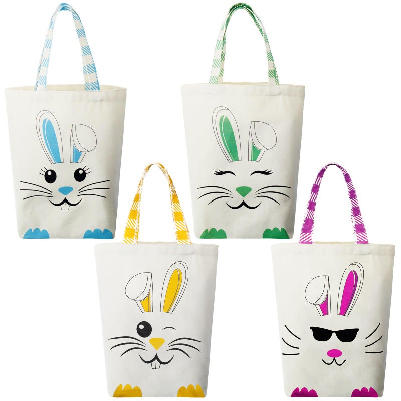 Weewooday 4 Pcs Easter Canvas Bunny Bags Reusable Tote with Handles Spring Candy Gift Baskets for Kids Boys Girls Egg Hunt(Purple,Yellow,Green,Orange,Easter) - Image 1