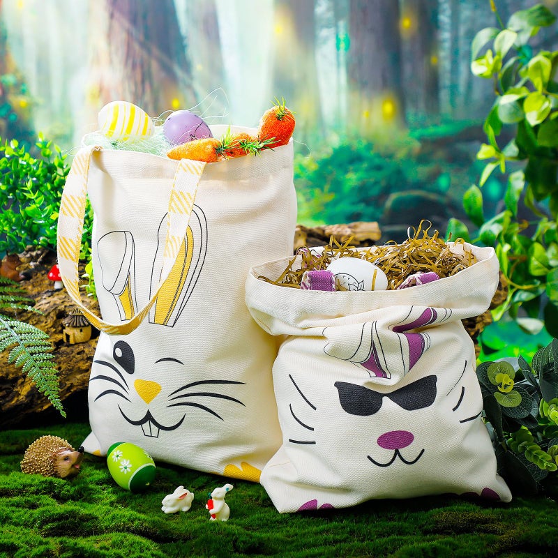 Weewooday 4 Pcs Easter Canvas Bunny Bags Reusable Tote with Handles Spring Candy Gift Baskets for Kids Boys Girls Egg Hunt(Purple,Yellow,Green,Orange,Easter) - Image 2