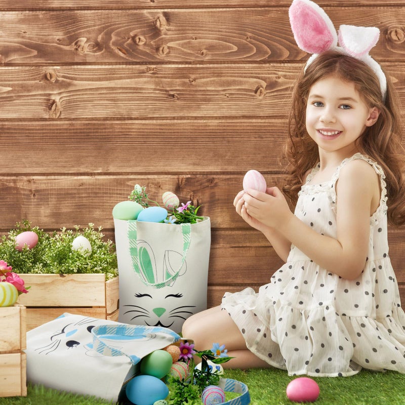 Weewooday 4 Pcs Easter Canvas Bunny Bags Reusable Tote with Handles Spring Candy Gift Baskets for Kids Boys Girls Egg Hunt(Purple,Yellow,Green,Orange,Easter) - Image 4