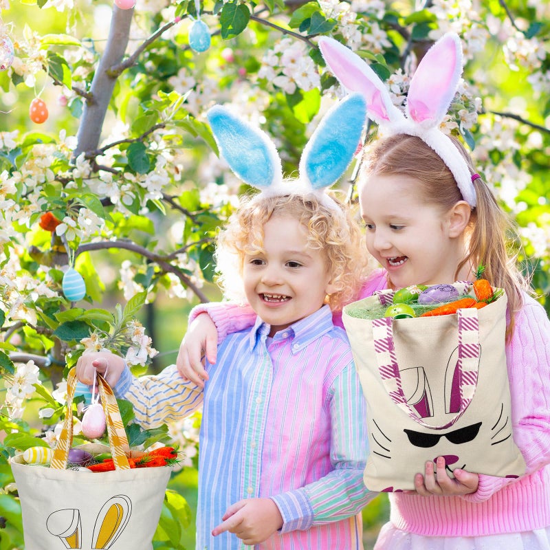 Weewooday 4 Pcs Easter Canvas Bunny Bags Reusable Tote with Handles Spring Candy Gift Baskets for Kids Boys Girls Egg Hunt(Purple,Yellow,Green,Orange,Easter) - Image 5