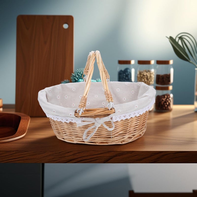 Healifty Rattan Picnic Basket with Double Folding Handles Daisy Burlap Liner Hand-Woven Multi-Purpose Easter Eggs Tray for Food Bread Table Storage Basket Home Decor and More, 13X10X5.5 in - Image 3
