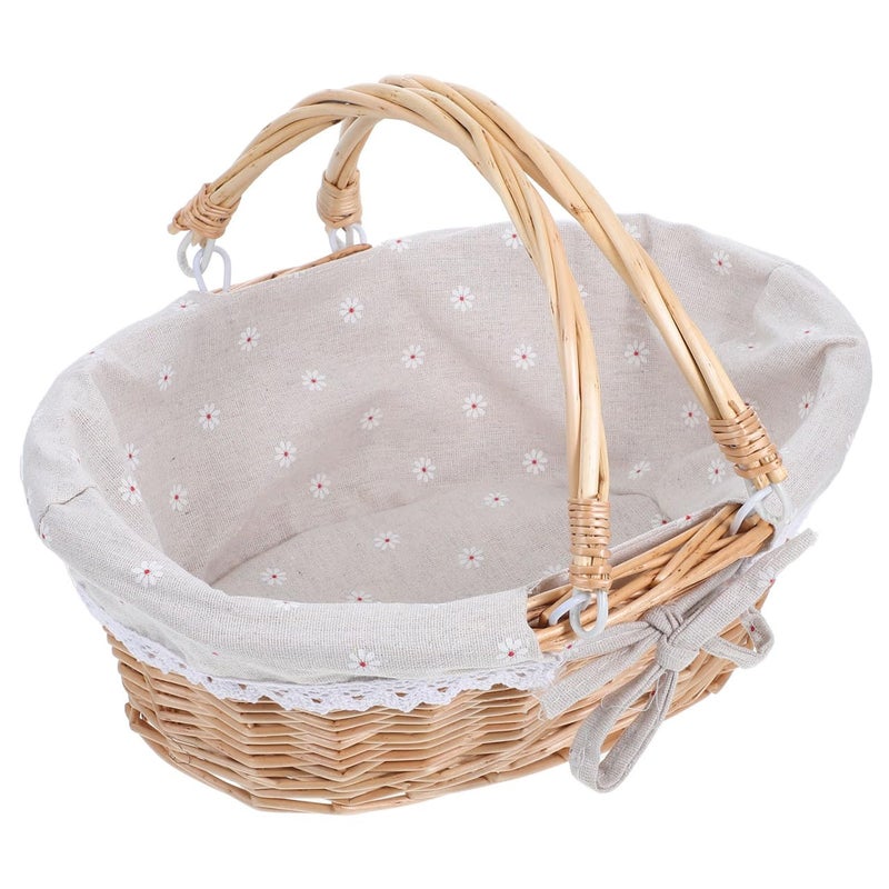 Healifty Rattan Picnic Basket with Double Folding Handles Daisy Burlap Liner Hand-Woven Multi-Purpose Easter Eggs Tray for Food Bread Table Storage Basket Home Decor and More, 13X10X5.5 in - Image 1