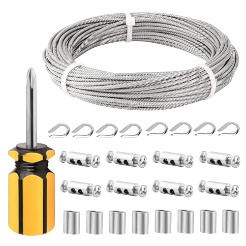 TooTaci 1/8 Wire Rope Kit, 66ft Vinyl Coated Stainless Steel Cable with Crimping Loops, Rope Clamps, Thimbles, 7×7 Strands Metal Wire Cable for String Light Hanging Kit, Clothesline, Shade Sails - Image 1
