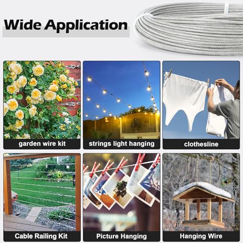 TooTaci 1/8 Wire Rope Kit, 66ft Vinyl Coated Stainless Steel Cable with Crimping Loops, Rope Clamps, Thimbles, 7×7 Strands Metal Wire Cable for String Light Hanging Kit, Clothesline, Shade Sails - Image 4