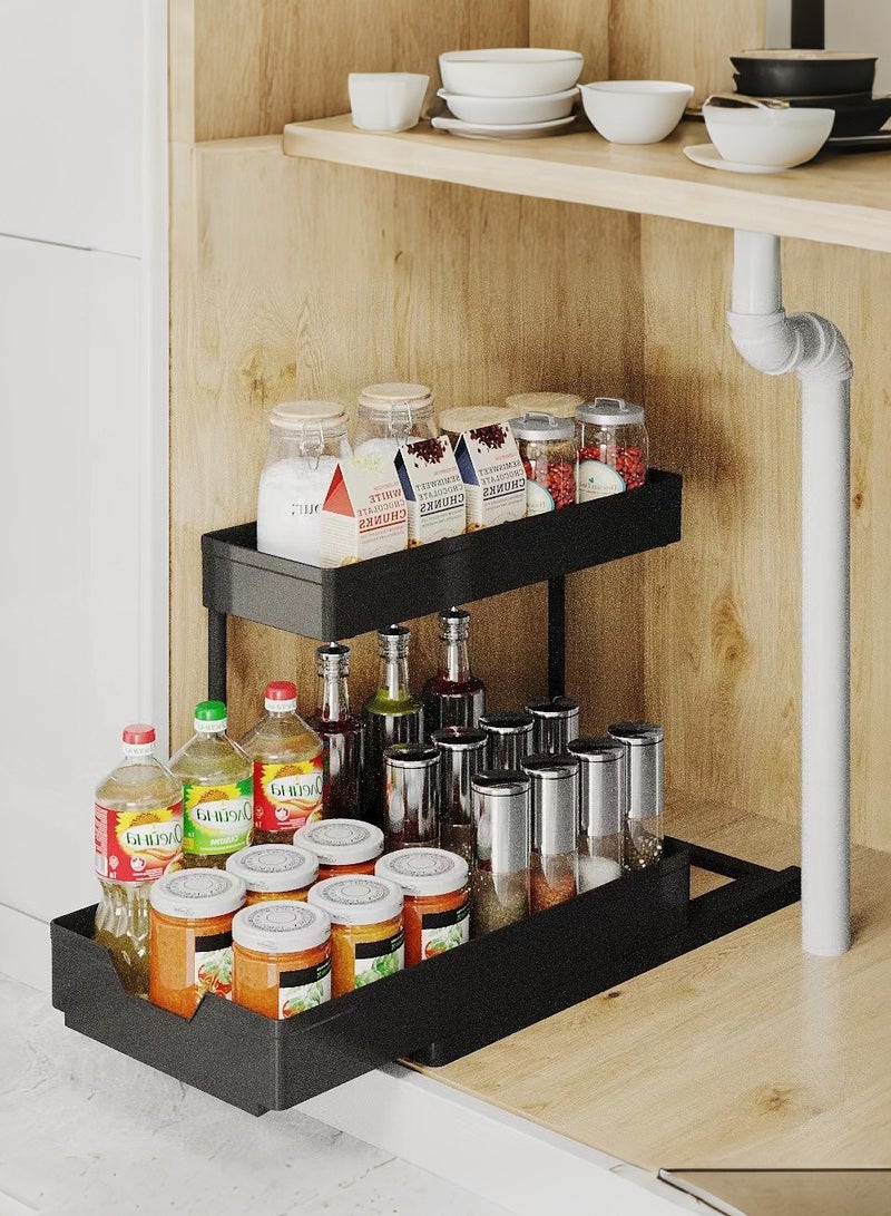 XiuWoo Under Sink Storage Organizer Bathroom Countertop Organizer 2-Tier Sliding Kitchen Cabinet Organization with Hooks Multi-purpose Shelf Organizer For Kitchen Bathroom Bedroom Office  - Image 1