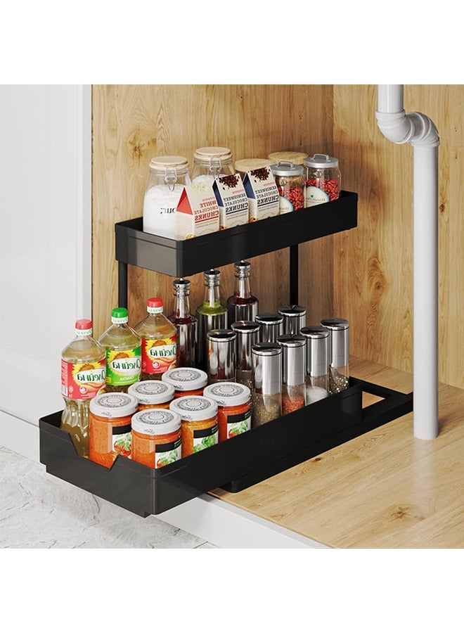 XiuWoo Under Sink Storage Organizer Bathroom Countertop Organizer 2-Tier Sliding Kitchen Cabinet Organization with Hooks Multi-purpose Shelf Organizer For Kitchen Bathroom Bedroom Office  - Image 3