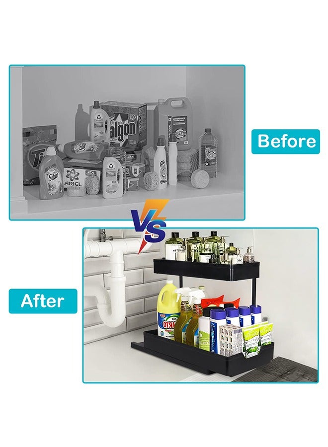 XiuWoo Under Sink Storage Organizer Bathroom Countertop Organizer 2-Tier Sliding Kitchen Cabinet Organization with Hooks Multi-purpose Shelf Organizer For Kitchen Bathroom Bedroom Office  - Image 5