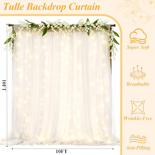 Ledido 10×10ft White Tulle Backdrop Curtains with Lights String - 300LED Fairy Lights Sheer Curtain Backdrop for Wedding Baby Shower Photo Shoot Birthday Party Decoration(2 Panels 5×10ft)，White - Image 2