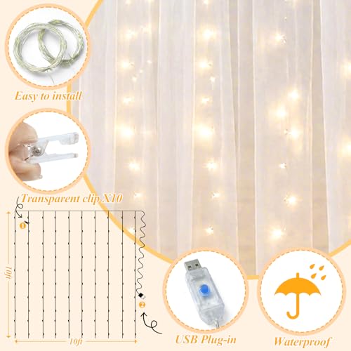 Ledido 10×10ft White Tulle Backdrop Curtains with Lights String - 300LED Fairy Lights Sheer Curtain Backdrop for Wedding Baby Shower Photo Shoot Birthday Party Decoration(2 Panels 5×10ft)，White - Image 3