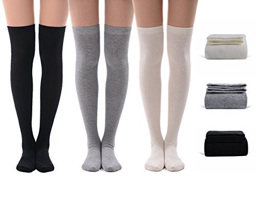 MEIKAN Black White Grey Thigh High Socks for Women, Thigh Highs Solid Color Over the Knee High Fashion Uniform Cosplay Socks 3 Pairs (White,Grey,Black) - Image 1