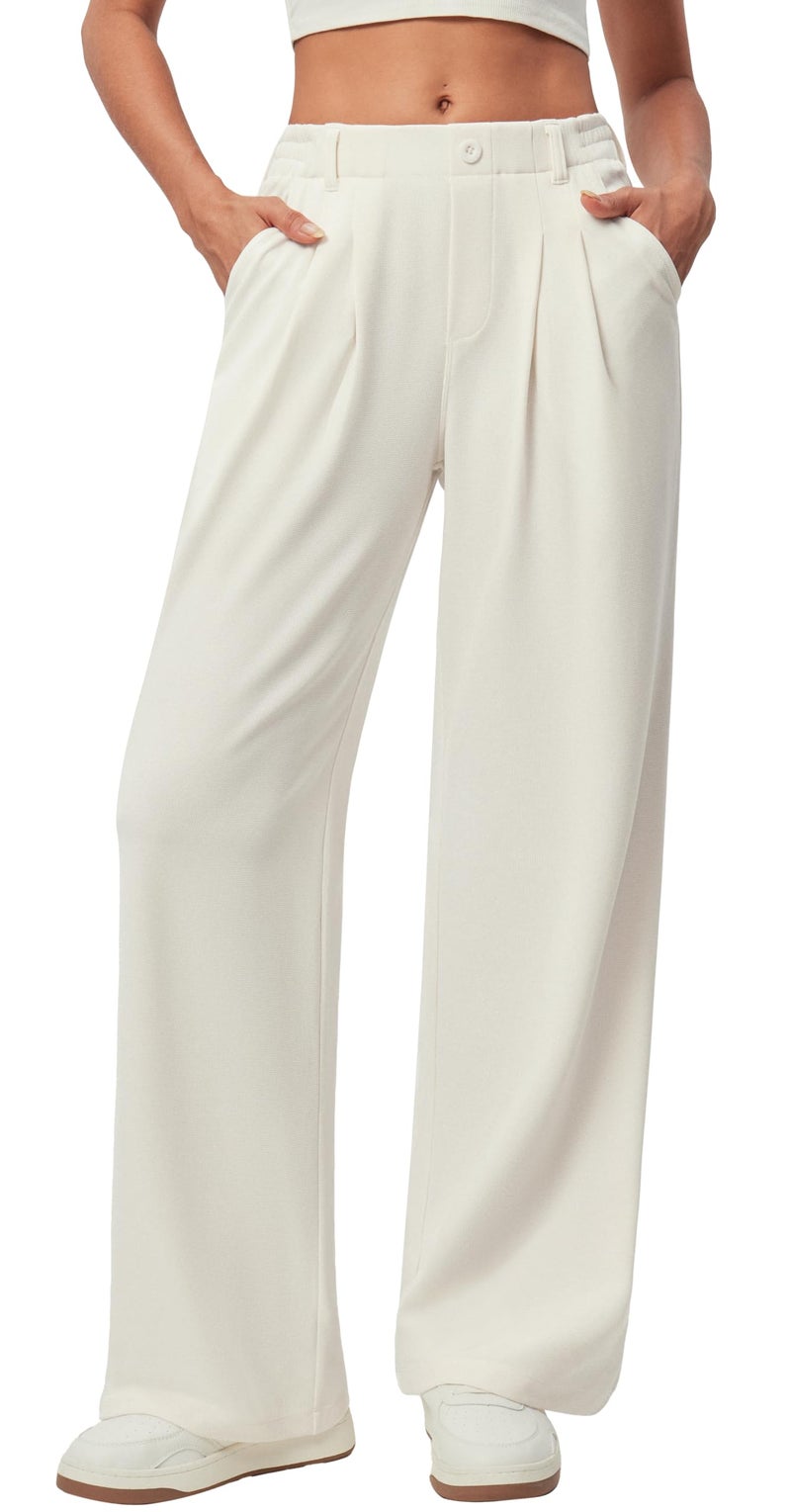 IUGA Wide Leg Pants Woman Pull on Stretchy Work Dress Pants High Waisted Business Casual Trousers Slacks Standard, Meduim, Off-White - Image 1