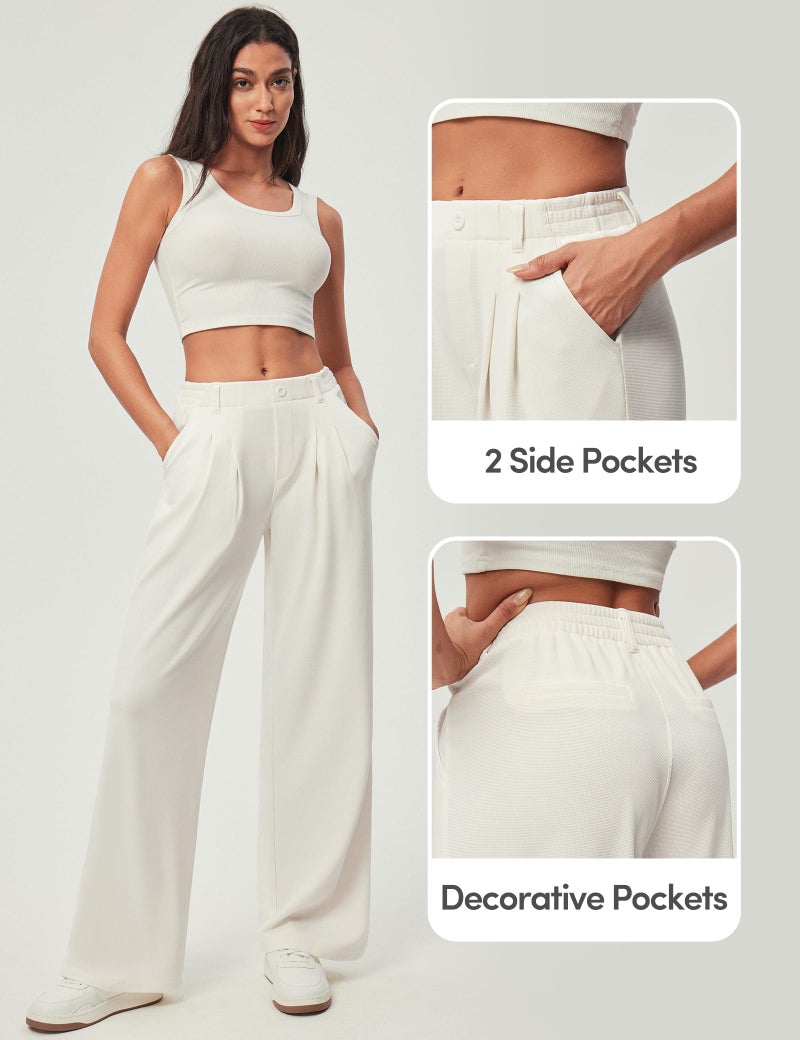 IUGA Wide Leg Pants Woman Pull on Stretchy Work Dress Pants High Waisted Business Casual Trousers Slacks Standard, Meduim, Off-White - Image 5