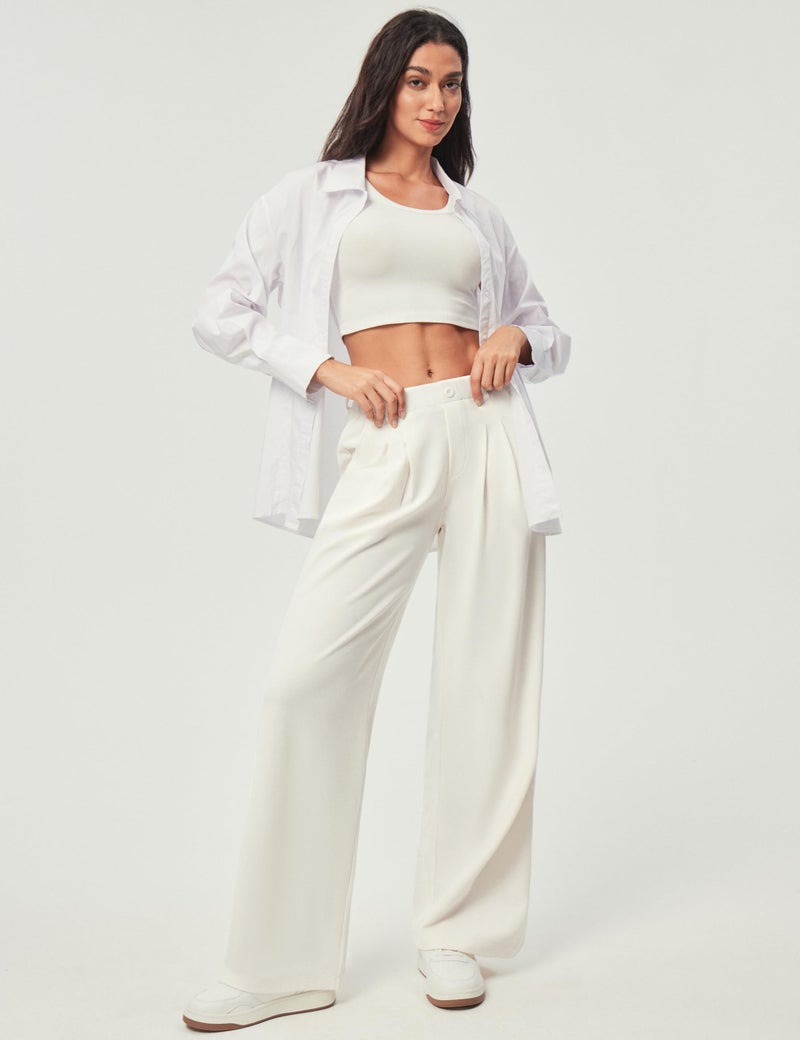 IUGA Wide Leg Pants Woman Pull on Stretchy Work Dress Pants High Waisted Business Casual Trousers Slacks Standard, Meduim, Off-White - Image 3