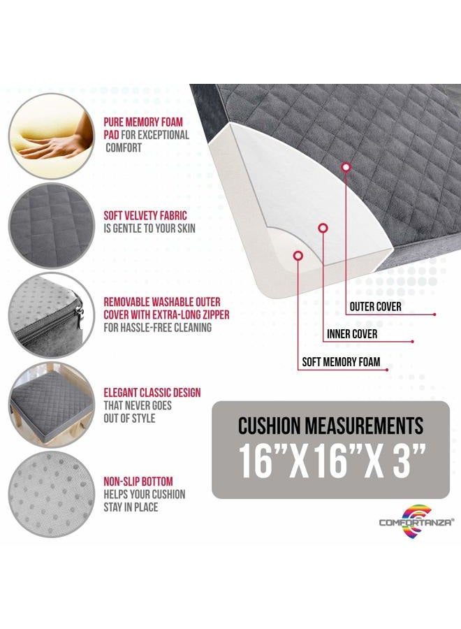COMFORTANZA Soft 16x16x3 Memory Foam Seat Cushion for Kitchen, Dining, Office Chairs, Car Seats - Washable Velvety Cover with Waterproof Layer & Non-Slip Base - Comfort & Back Pain Relief - Gray - Image 3