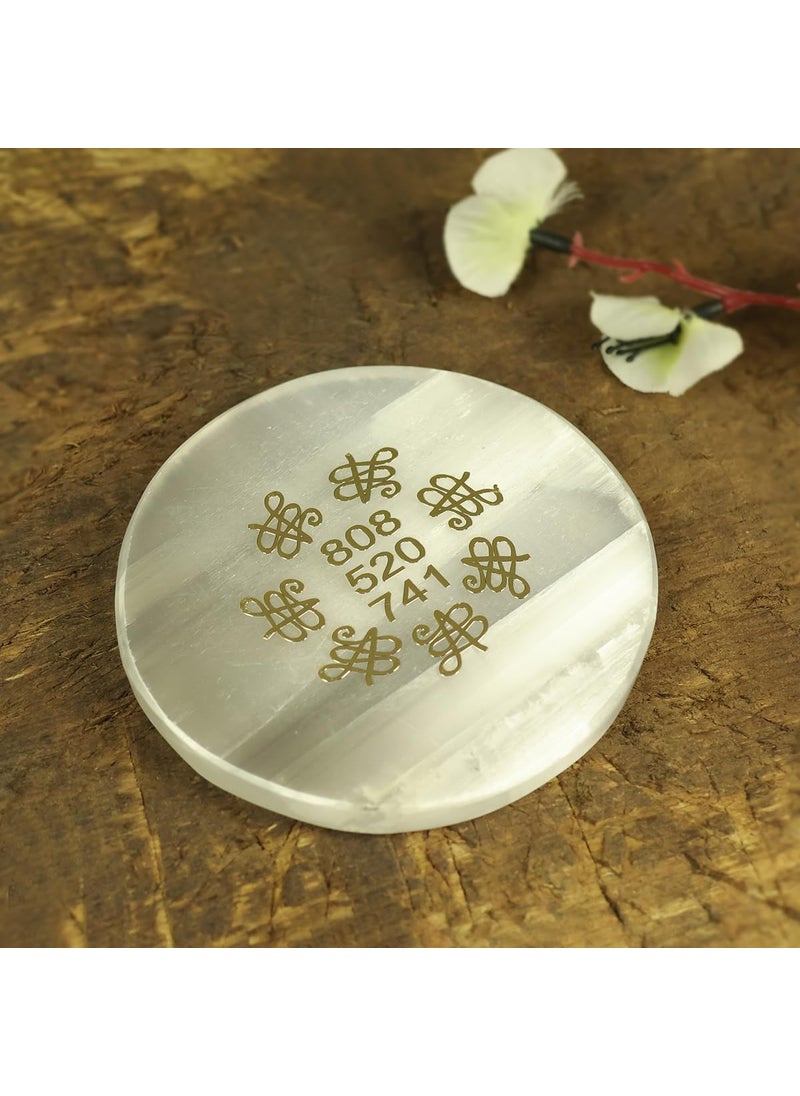 Crystu Crystu Selenite Charging Plate with Zibu Symbol Symbol Natural Crystal Stone for Reiki Healing Charging Plate for Stones Round Shape Golden Design Size 76 cm 3 inch  - Image 1